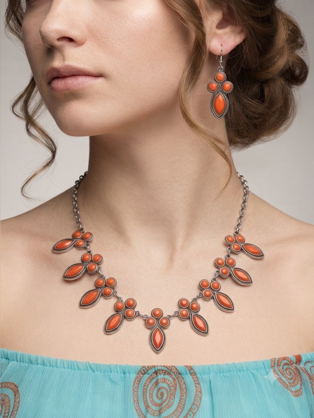 Orange Stone Bib Statement Necklace & Earrings Set | Orange Cabochon Silver Boho